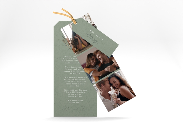 Hochzeitseinladung Greenletter Kartentrio gruen hochglanz mit Initialen in elegantem Goldrahmen mit Blättern
