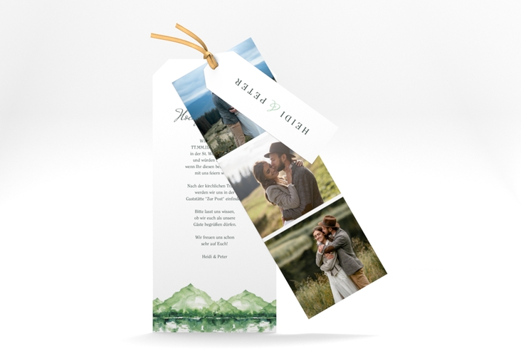 Hochzeitseinladung Bergliebe Kartentrio gruen mit Gebirgspanorama für Berghochzeit