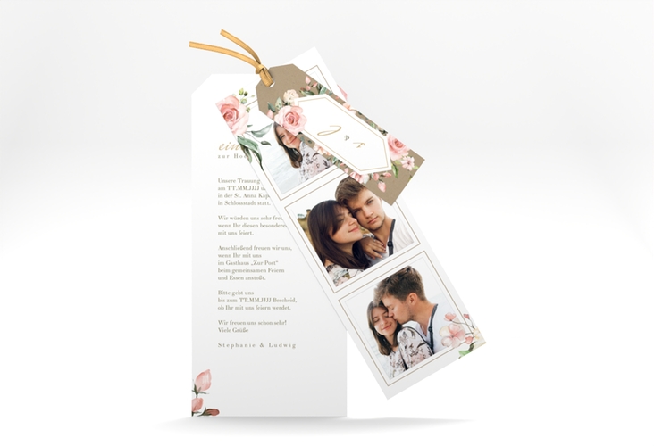Hochzeitseinladung Graceful Kartentrio Kraftpapier mit Rosenblüten in Rosa und Weiß
