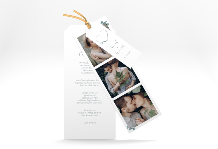 Hochzeitseinladung Greenheart Kartentrio grau hochglanz mit elegantem Herz und Eukalyptus-Zweig