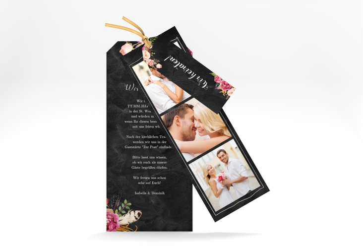 Hochzeitseinladung Flowers Kartentrio schwarz hochglanz mit bunten Aquarell-Blumen