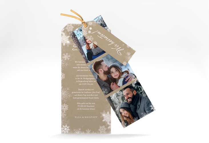 Hochzeitseinladung Snowfall Kartentrio Kraftpapier mit Schneeflocken für Winterhochzeit