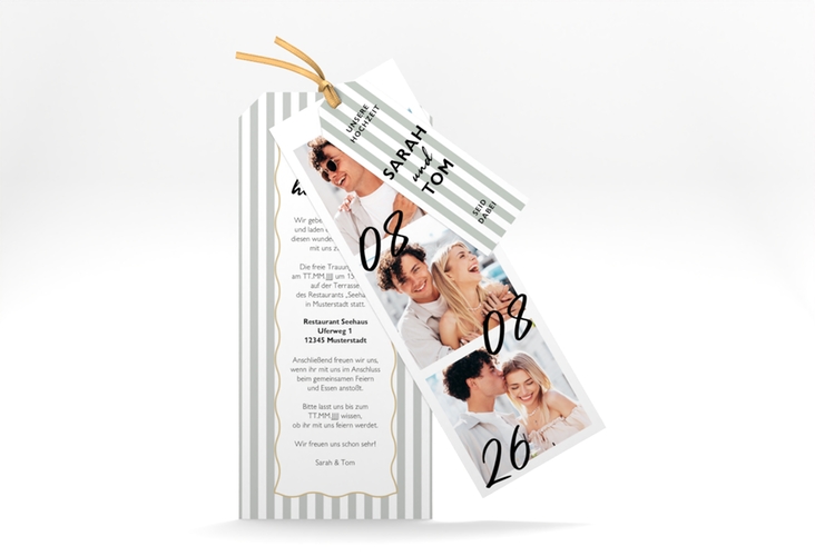 Hochzeitseinladung Strips Kartentrio gruen mit Streifenmuster