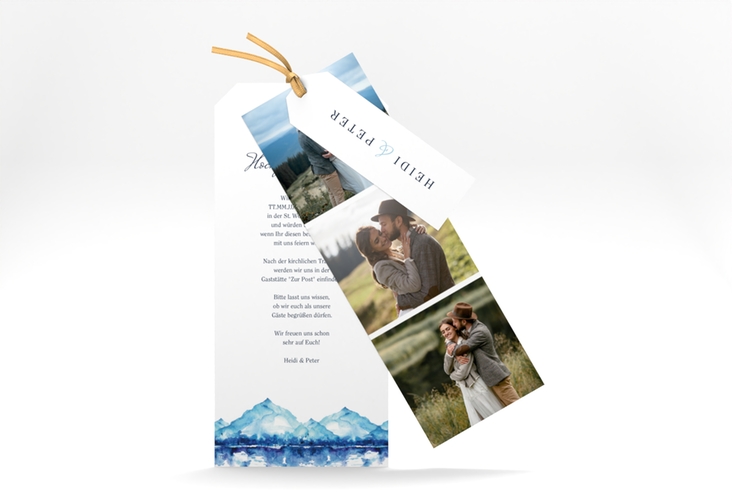 Hochzeitseinladung Bergliebe Kartentrio blau mit Gebirgspanorama für Berghochzeit