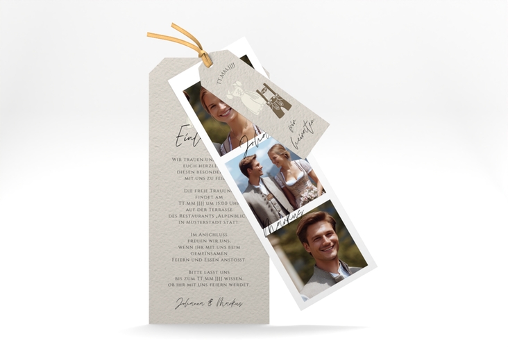 Hochzeitseinladung Trachtenhochzeit Kartentrio beige mit Dirndl und Lederhose