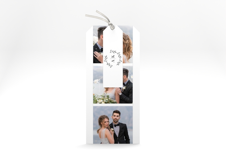 Hochzeitseinladung Filigrana Kartentrio schwarz hochglanz in reduziertem Design mit Initialen und zartem Blätterkranz
