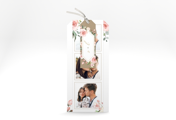 Hochzeitseinladung Graceful Kartentrio Kraftpapier hochglanz mit Rosenblüten in Rosa und Weiß