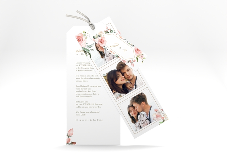 Hochzeitseinladung Graceful Kartentrio weiss mit Rosenblüten in Rosa und Weiß