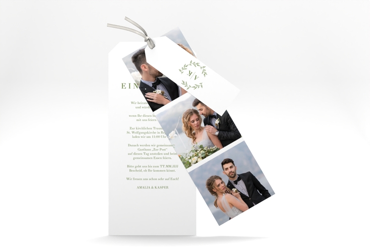 Hochzeitseinladung Filigrana Kartentrio gruen in reduziertem Design mit Initialen und zartem Blätterkranz