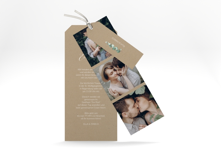 Hochzeitseinladung Silverleaf Kartentrio Kraftpapier hochglanz mit Eukalyptus-Zweig
