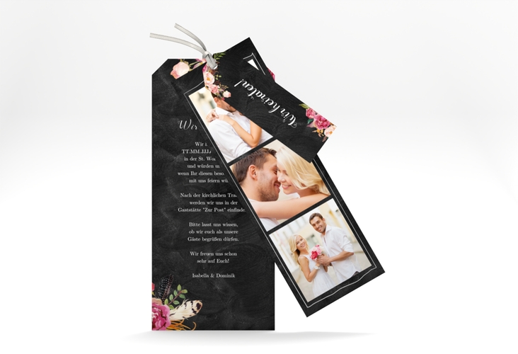 Hochzeitseinladung Flowers Kartentrio schwarz mit bunten Aquarell-Blumen