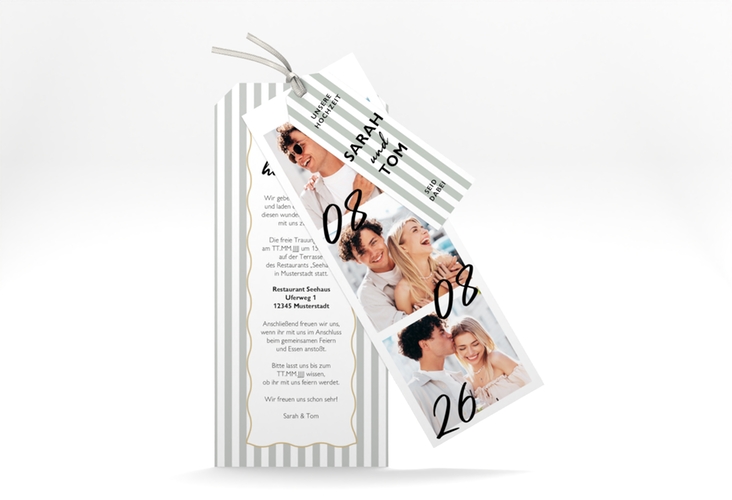 Hochzeitseinladung Strips Kartentrio gruen mit Streifenmuster