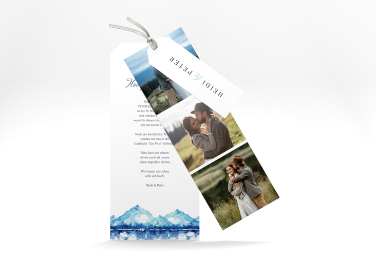 Hochzeitseinladung Bergliebe Kartentrio blau mit Gebirgspanorama für Berghochzeit