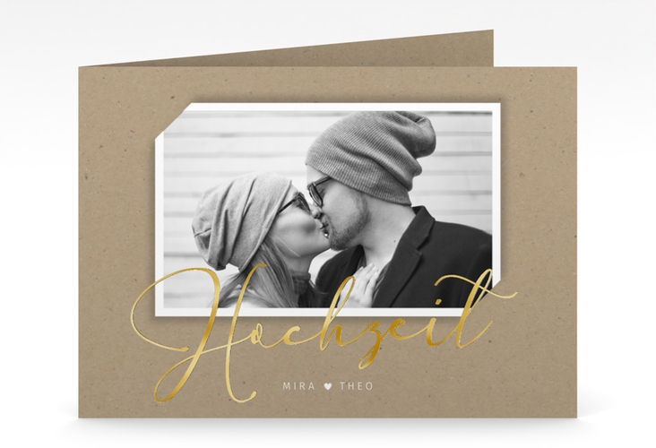 Hochzeitseinladung Crafty mittlere Klappkarte quer gold mit Foto des Brautpaars