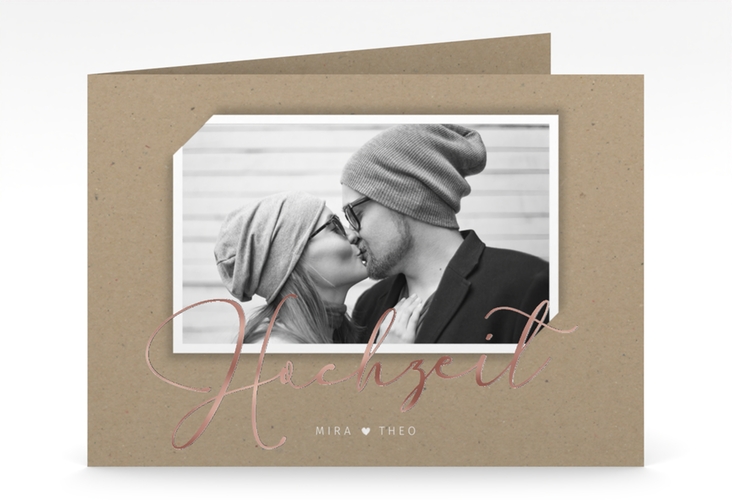 Hochzeitseinladung Crafty mittlere Klappkarte quer rosegold mit Foto des Brautpaars