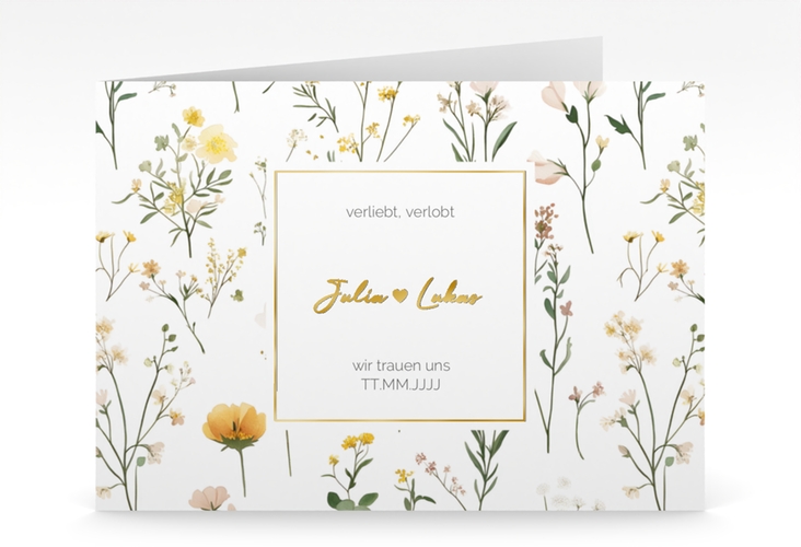Hochzeitseinladung Blumenwiese mittlere Klappkarte quer gold