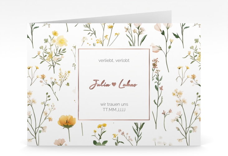 Hochzeitseinladung Blumenwiese mittlere Klappkarte quer rosegold