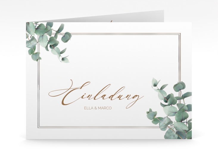 Hochzeitseinladung Eucalypt mittlere Klappkarte quer silber mit Eukalyptus und edlem Rahmen