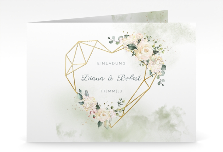 Hochzeitseinladung Adore mittlere Klappkarte quer gold mit geometrischem Herz und Rosen in Pastell