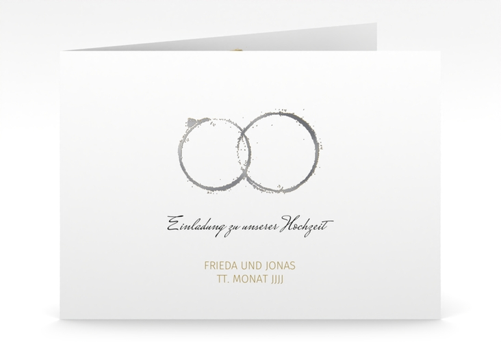 Hochzeitseinladung Trauringe mittlere Klappkarte quer silber minimalistisch gestaltet mit zwei Eheringen