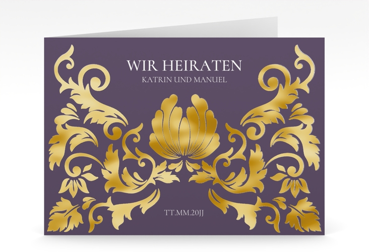 Hochzeitseinladung Royal mittlere Klappkarte quer lila gold mit barockem Blumen-Ornament