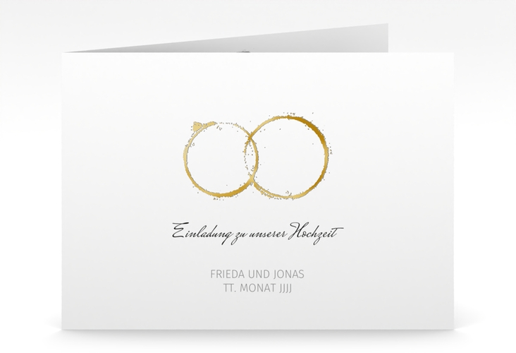 Hochzeitseinladung Trauringe mittlere Klappkarte quer grau gold minimalistisch gestaltet mit zwei Eheringen