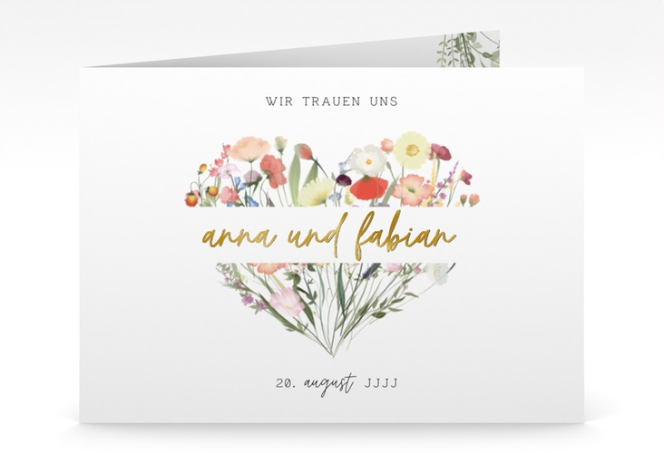Hochzeitseinladung Wildblumenherz mittlere Klappkarte quer bunt gold