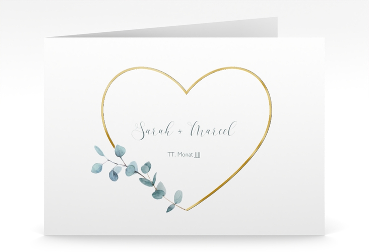 Hochzeitseinladung Greenheart mittlere Klappkarte quer grau gold mit elegantem Herz und Eukalyptus-Zweig