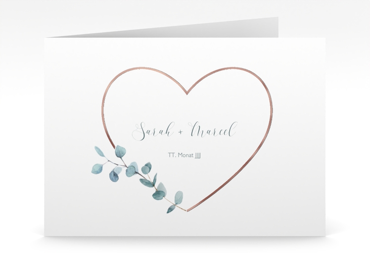 Hochzeitseinladung Greenheart mittlere Klappkarte quer grau rosegold mit elegantem Herz und Eukalyptus-Zweig