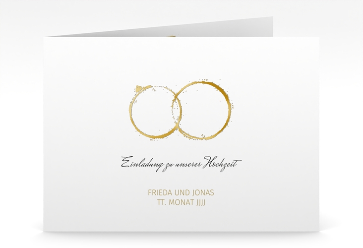 Hochzeitseinladung Trauringe mittlere Klappkarte quer gold gold minimalistisch gestaltet mit zwei Eheringen