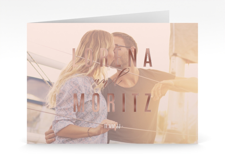 Hochzeitseinladung Memory mittlere Klappkarte quer rosa rosegold