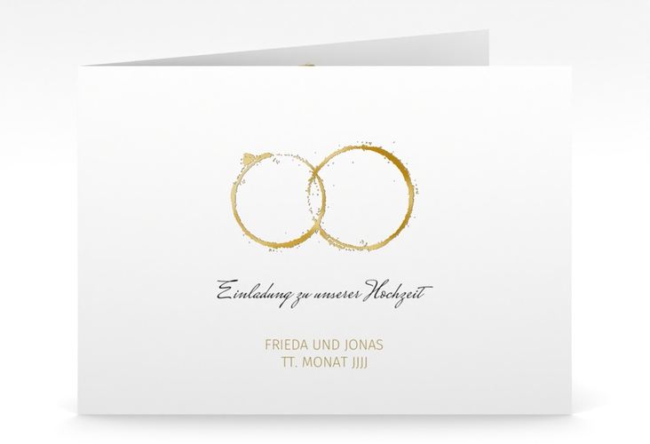 Hochzeitseinladung Trauringe mittlere Klappkarte quer gold gold minimalistisch gestaltet mit zwei Eheringen