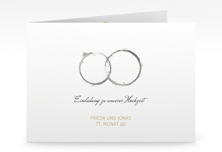 Hochzeitseinladung Trauringe mittlere Klappkarte quer gold silber minimalistisch gestaltet mit zwei Eheringen