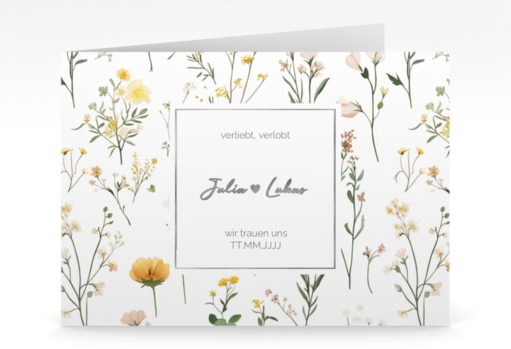 Hochzeitseinladung Blumenwiese mittlere Klappkarte quer bunt silber