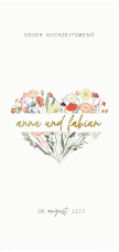 Klick: Details zu Menükarte Hochzeit "Wildblumenherz" anzeigen Menükarte Hochzeit "Wildblumenherz"