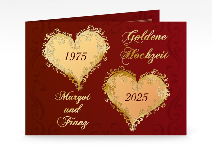 Hochzeitseinladung Goldene Hochzeit mittlere Klappkarte quer rot gold
