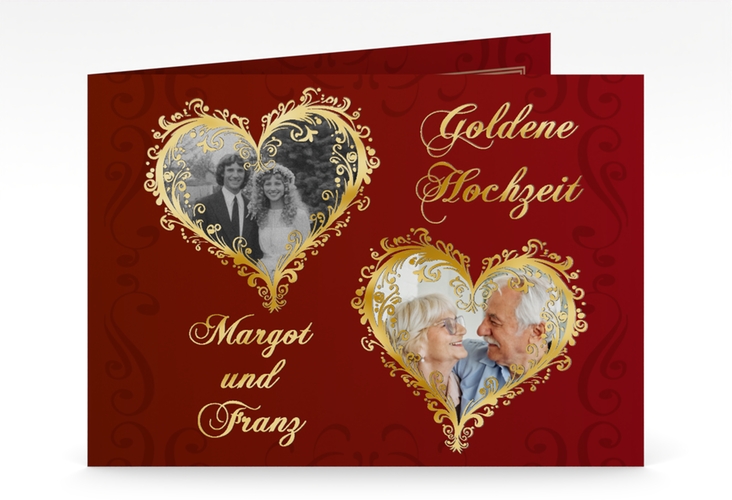 Hochzeitseinladung Goldene Hochzeit mittlere Klappkarte quer rot gold