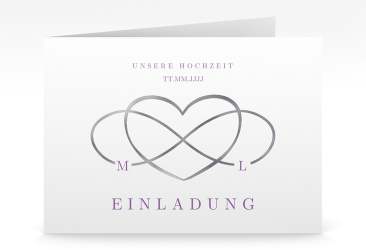 Hochzeitseinladung Infinity mittlere Klappkarte quer lila silber