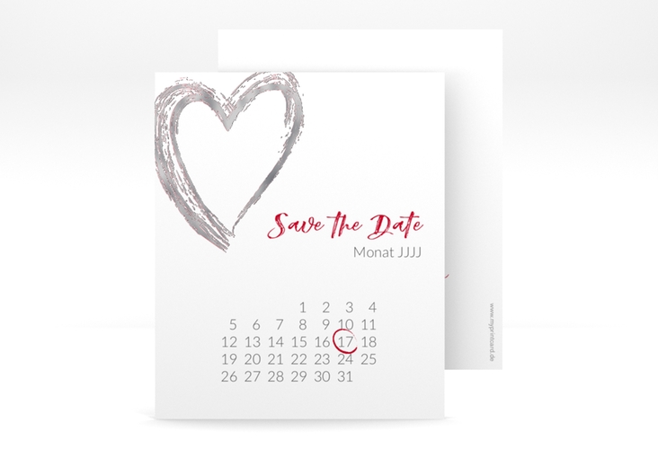Save the Date-Kalenderblatt Liebe Kalenderblatt-Karte rot silber