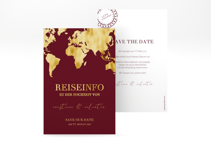 Save the Date-Karte Traumziel A6 Karte hoch rot gold im Reisepass-Design