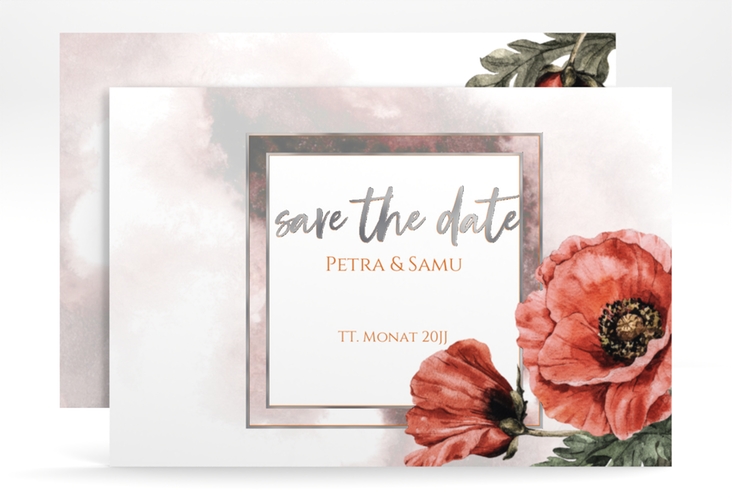 Save the Date-Karte Sommer A6 Karte quer rot silber mit Mohnblumen-Aquarell