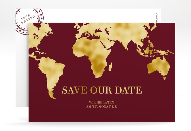 Save the Date-Karte Traumziel A6 Karte quer rot gold im Reisepass-Design