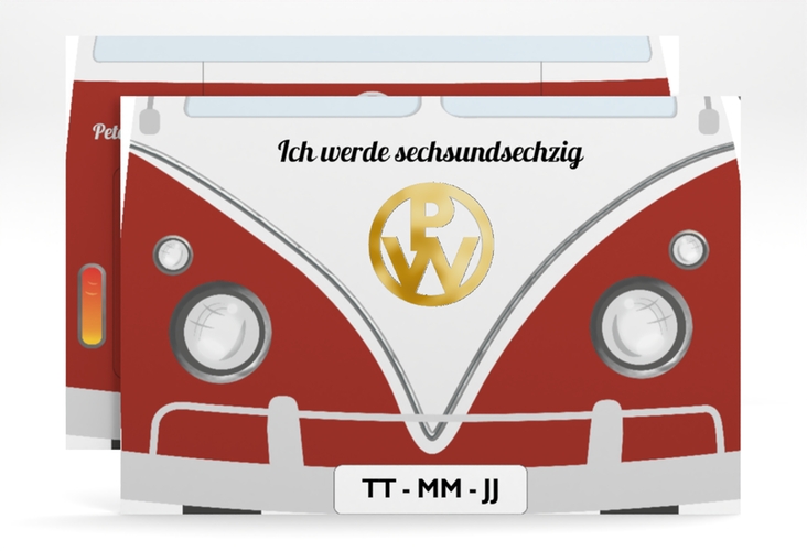 Einladung Geburtstag Bulli Bus A6 Karte quer rot gold