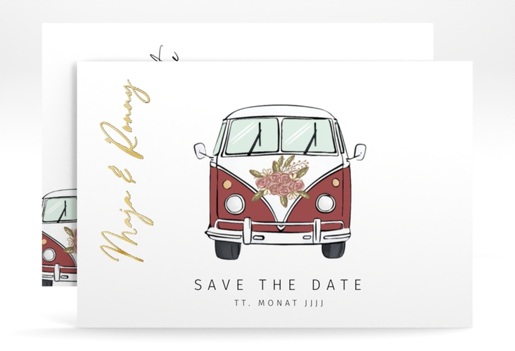 Save the Date-Karte Hochzeitsbulli A6 Karte quer rot gold