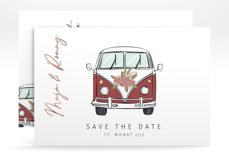 Save the Date-Karte Hochzeitsbulli A6 Karte quer rot rosegold