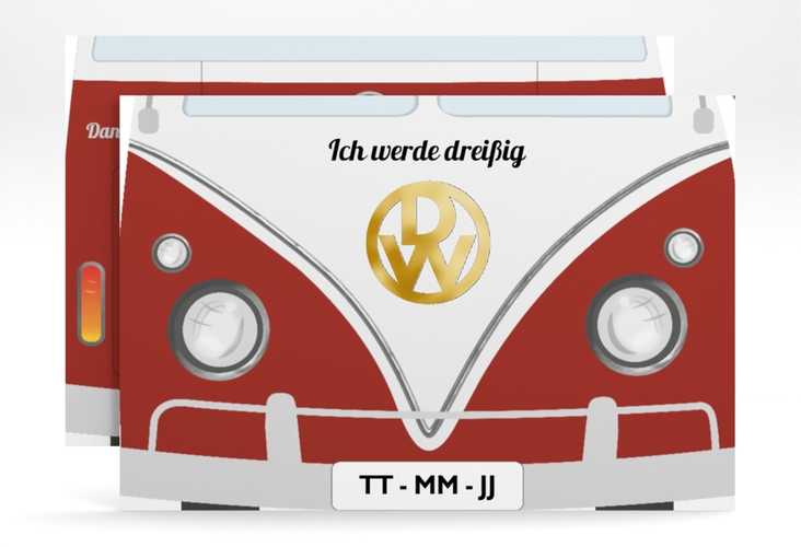 Einladung 30. Geburtstag Bulli Bus A6 Karte quer rot gold