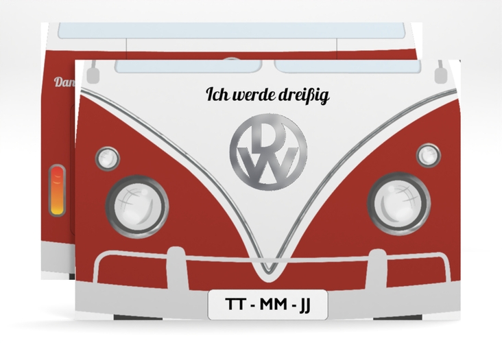 Einladung 30. Geburtstag Bulli Bus A6 Karte quer rot silber
