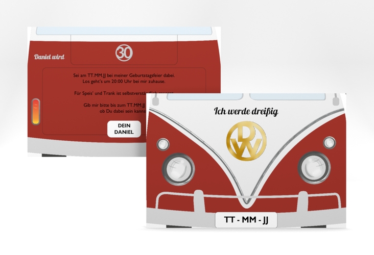 Einladung 30. Geburtstag Bulli Bus A6 Karte quer rot gold