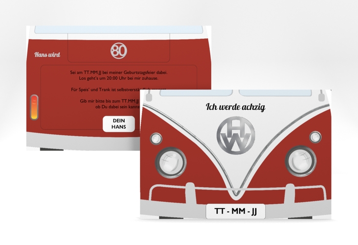 Einladung 80. Geburtstag Bulli Bus A6 Karte quer rot silber
