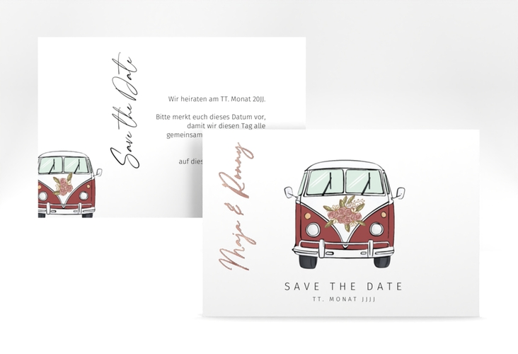 Save the Date-Karte Hochzeitsbulli A6 Karte quer rot rosegold